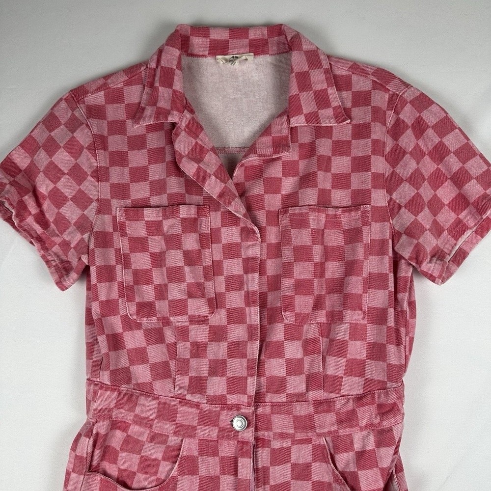 Entro Pink Checkered Romper Size S Button Front Collared Elastic Waist Y2K Retro - Picture 2 of 7